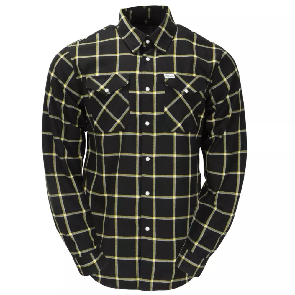 Dixxon Vogue Tyres Flannel Button Down Shirt Men Medium Black Yellow Plaid